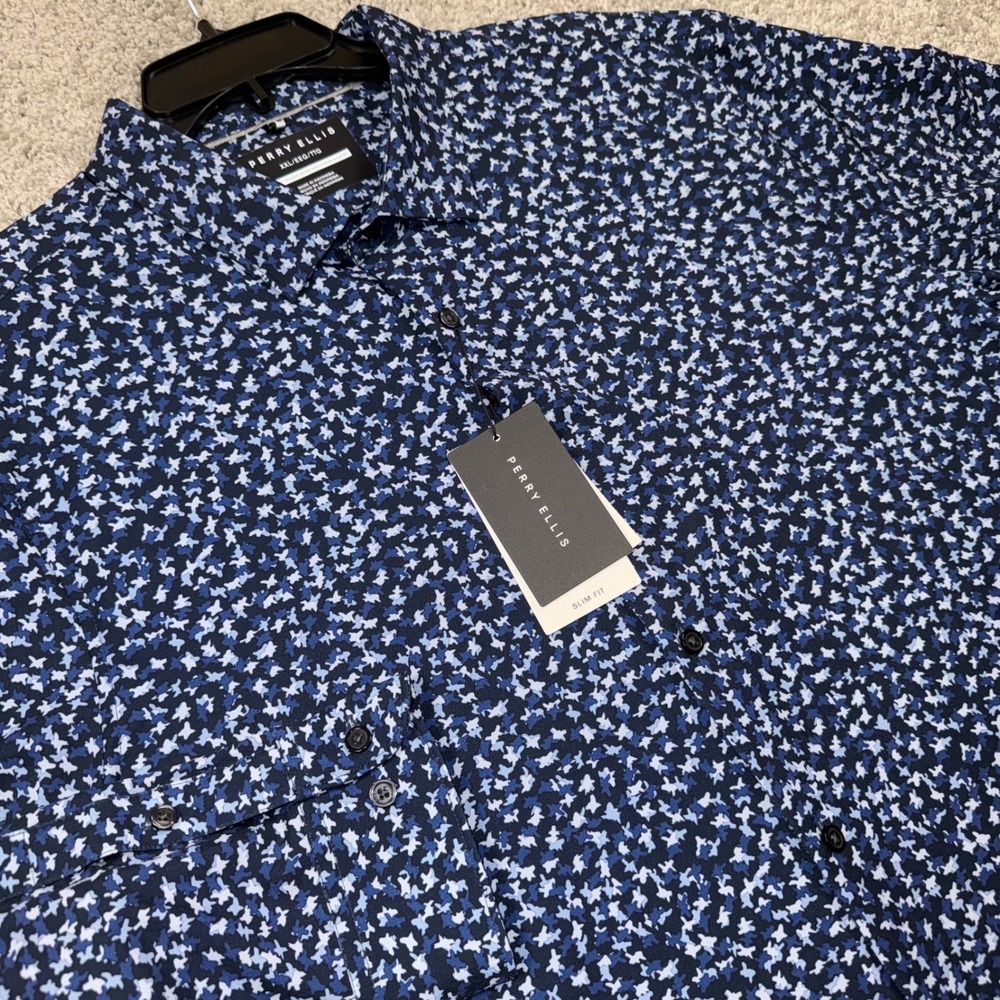 Perry Ellis Button Down Mens Slim Fit Stretch Wicking Blue Geometric Sz XXL NEW